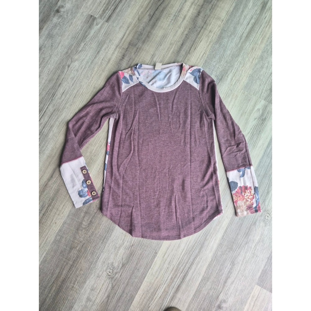 7th Ray Womens Floral Contrast Long Sleeve Top Mauve Small Button Cuff Raglan
